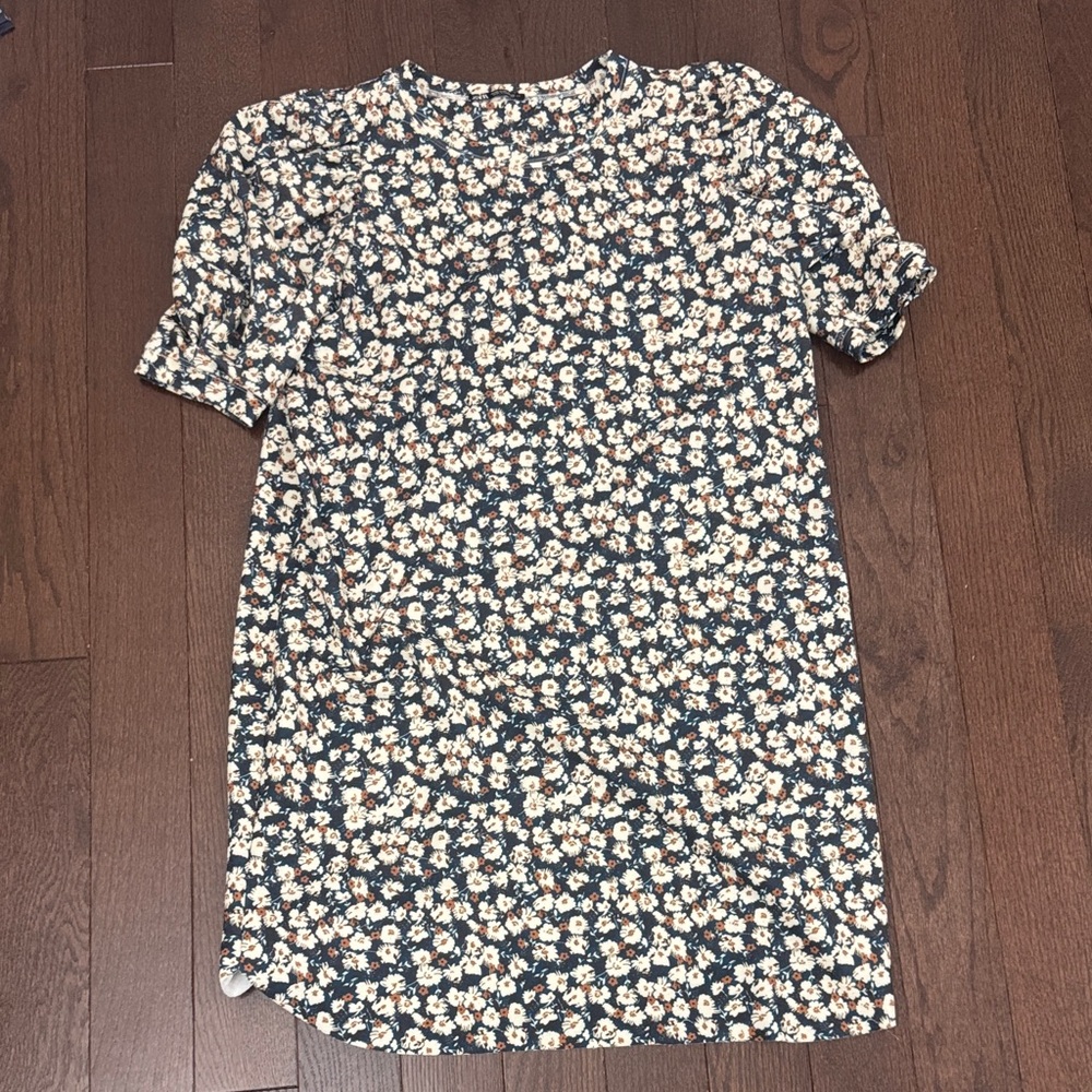 Zara Navy Floral Mini Dress with Cream and Tan Flowers